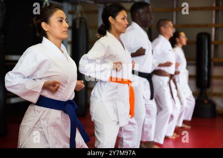 Polyethnische Männer und Frauen im Kimono, die Kata trainieren Stockfoto