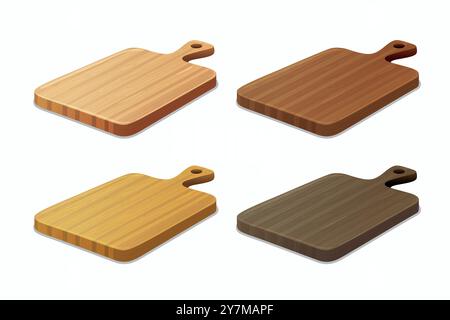 Vector Schneidebrett Set. Schneidebretter aus Holz in verschiedenen Holztönen, Küchenutensilien für die Lebensmittelvorbereitung. Bunte Hölzerne Schneidebretter, Schneidebrett Stock Vektor