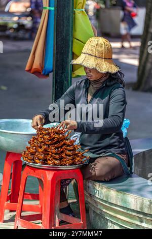 Einheimische Frau, die gebratene Fledermäuse zum Essen verkauft, auf dem Skun Market, in der Nähe von Phnom Penh, Kambodscha Stockfoto