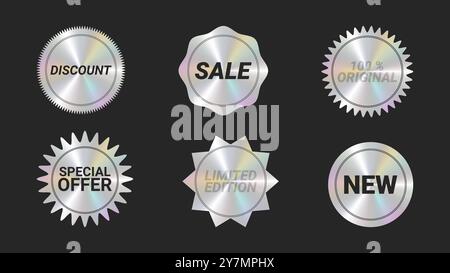 Holografische Aufkleber Logos Emblem Etiketten Farbset. Zur Verpackung von Werbematerial. Aufkleber für Kleidung oder Accessoires. Vektorabbildung. Stock Vektor