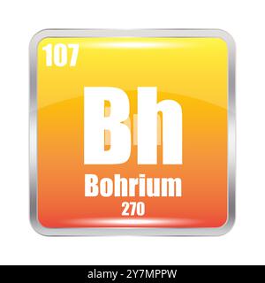 Bohrium-Symbol. Chemisches Element BH. Atomzahl 107. Masse 270. Orangefarbenes Quadrat. Stock Vektor