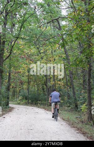 Übergewichtiger Mann, der im Herbst auf dem des Plaines River Trail in Libertyville, Illinois, Fahrrad fährt Stockfoto