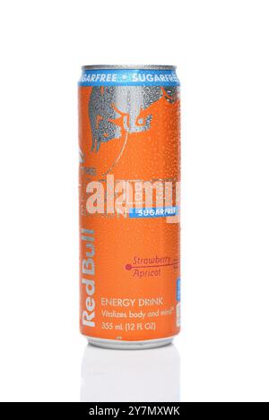 IRVINE, KALIFORNIEN - 28. SEPTEMBER 2024: Eine Dose Red Bull Strawberry Apricot Sugar Free Energy Drink, The Amber Edition. Stockfoto