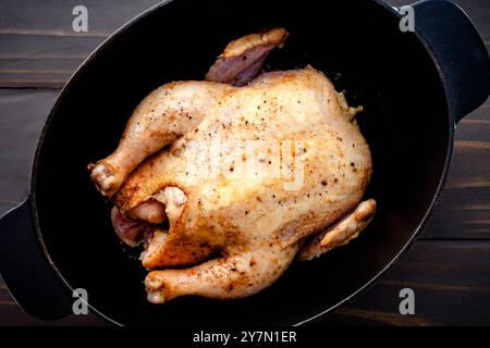 Leicht gebräuntes ganzes Huhn in einem niederländischen Ofen: Gewürztes ganzes Huhn in einem ovalen gusseisernen Topf, der vor dem Rösten kurz angebraten wurde Stockfoto