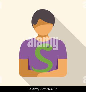Junger Mann, der mit überkreuzten Armen steht und ein lila T-Shirt mit grünem Schlangenlogo in einem einfachen und modernen Vektorstil trägt Stock Vektor
