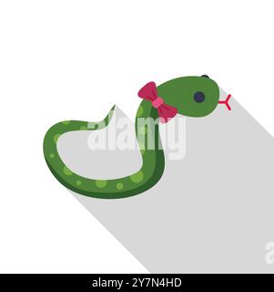 Grüne Schlange mit rosafarbener Schleife, die in flachem Design aus der Zunge ragt Stock Vektor