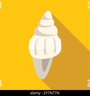 Weiße spiralförmige Muschel, die langen Schatten auf gelbem Hintergrund wirft, einfache flache Vektorillustration Stock Vektor