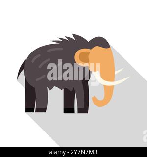 Cartoon-Wollmammutbaum, der nach rechts zeigt, mit langen gebogenen Stoßzähnen, kleinen Ohren und zotteligem braunem Fell Stock Vektor