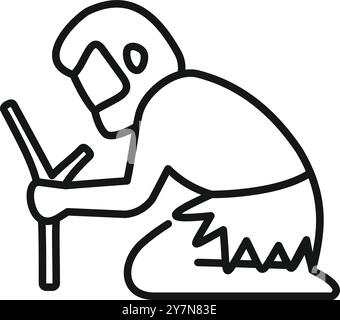 Primitiver Mann, der den Boden mit Stab-Symbol-Umrissvektor gräbt Stock Vektor