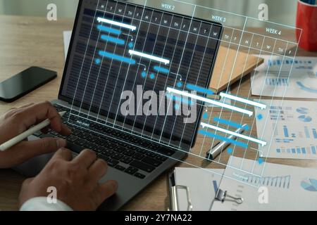 Projektmanagementdiagramm, Projektmanager Arbeitsorganisation Strategie Qualifikationsteam Geschäftsbesprechung Stockfoto