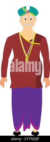 Old Indian King Charakter, Vorderansicht mit Krone. Indischer Kaiser-Charakterdesign für Zeichentrickfilm-Animation Stock Vektor