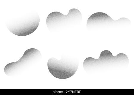 Genarbte gepunktete Formen auf weißem Hintergrund. Rauschende, abstrakte Halbtonschatten auf flüssigen Elementen. Vektorstippeln und Sprühflecken. Schleifsand wellig Stock Vektor