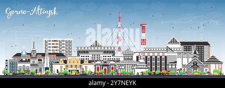 Gorno-Altaysk Russland Skyline mit farbigen Gebäuden und blauem Himmel. Vektorabbildung. Gorno-Altaysk Stadtbild mit Wahrzeichen. Stock Vektor