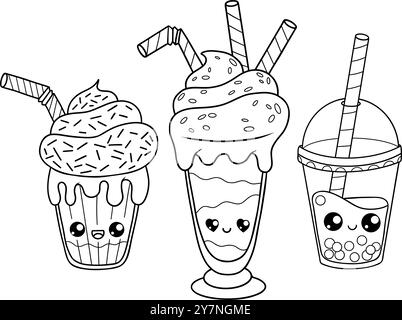 Umreißen Sie Milchshake aus Glas mit Sahnedessert, Süßigkeiten und Bubble Tea mit Strohset. Isolierter, lustiger Cartoon-Kawaii-Charakter-Drink. Linienzeichnung Stock Vektor