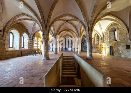 Der Schlafsaal des Klosters Alcobaca, Mosteiro de Santa Maria de Alcobaca in Alcobaca, Portugal. Ein großer gotischer Raum, in dem die Mönche zusammen schliefen, insi Stockfoto