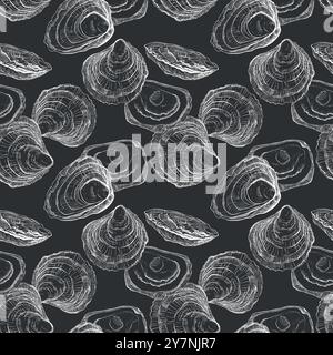 Vektornahtloses Muster von Austern. Handgezeichnete Austernschalen auf schwarzem Hintergrund, lineare Skizze. Gravureffekt, Tintenfuchs. Clipart zum Verpacken, Männer Stock Vektor