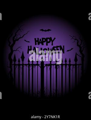 Poster Happy Halloween auf lila Hintergrund, mit Friedhof mit einem alten gruseligen Zaun und Silhouette von Fledermäusen. Vektorabbildung Stock Vektor