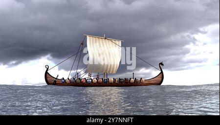 Wikingerschiff-Langschiff-3D-Rendern von vikings auf einem Segelschiff auf Meereshöhe Stockfoto