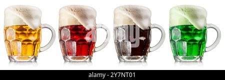 Set aus verschiedenen Biersorten in vier Tassen mit großem Schaumstoffkopf isoliert auf weißem Hintergrund. Beschneidungspfade. Stockfoto