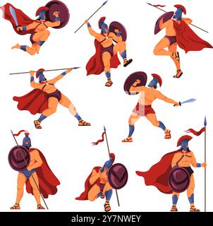 Cartoon-Spartankrieger. Muskulöser Krieger sparta oder griechischer Soldat Maskottchen, 300 spartaner antike Krieger trojaner Legionär Gladiator Geschichte Charaktere, aktuelle Vektorillustration Original Kunstwerke Stock Vektor