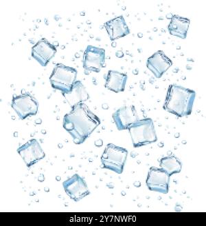 Eiswürfelblasen. Frostiges Reinheitswasser mit schwimmendem gefrorenem Würfelkristall, kühle Soda transparentes erfrischendes Getränk Blase Frost Aqua Stream Flow, realistische exakte Vektorillustration Original Artwork Stock Vektor
