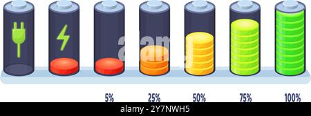 Batterieladestufe. Vollständig niedriger Ladezustand vollständige Akkus, Ladekapazität Ladeanzeige Infografik mobiles Ladegerät in Prozent, saubere Vektorabbildung Originalvorlage Stock Vektor