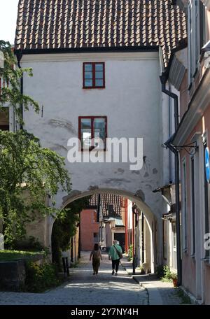 Blick durch den Torbogen über die Straße, Visby, Gotland, Schweden Stockfoto