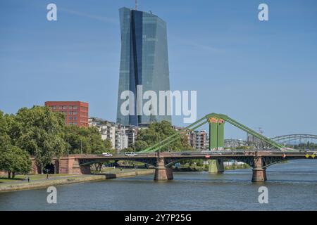 Main, Flößerbrücke, Europäische Zentralbank EZB, Hauptgebäude, Hauptsitz, Frankfurt am Main, Hessen, Deutschland, Europäische Zentralbank EZB, Hauptgebäu Stockfoto