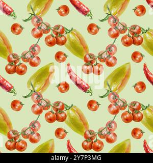 Nahtloses Gemüsemuster, Pfeffer, Paprika, Tomaten auf einem Zweig. Handgezeichnete Aquarellillustration. Für Textil, Geschenkpapier, Stoff, Co Stockfoto