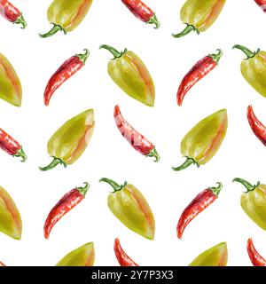 Nahtloses Paprika-Muster. Handgezeichnete Aquarellillustration isoliert auf weiß. Zum Einpacken von Papier, Textilien, Hüllen, Textilien, Tapeten, Scrapbooking. Stockfoto