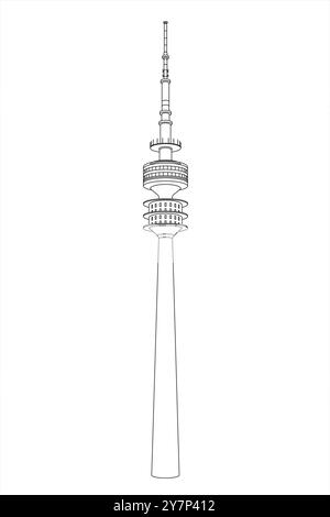 Liniendarstellung des 291 Meter hohen, berühmten Olympia Communications Tower Gebäudes. Am Spiridon-Louis-Ring, Olympiapark, München, Deutschland. Stock Vektor