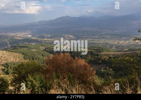 Dramatisches Stadtpanorama mit Blick auf grüne Hügel Stockfoto