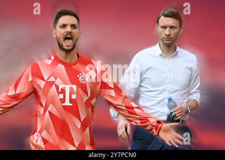 FOTOMONTAGE. Sven Ulreich entschuldigt sich nach einem verbalen Angriff auf Simon ROLFES (LEV-Sportdirektor) während des Bundesliga-Spiels FC Bayern München – Bayer Leverkusen. ? Stockfoto