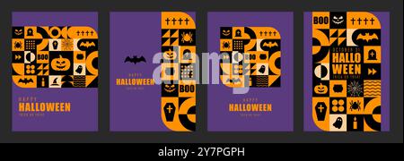 Happy Halloween Postkarten. Set mit 4 minimalen Vintage-Poster im geometrischen Design der 20er Jahre mit orangefarbenen Elementen primitiver Formen. Geometrisches Muster für Neugeborene Stock Vektor