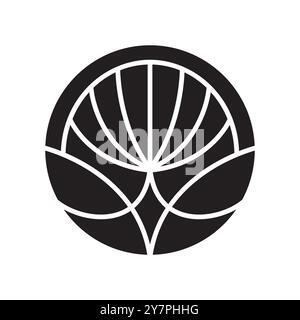 Rundes Blumenlogo mit weißen Linien auf schwarzem Hintergrund. Emblem-Pflanze im kreisförmigen linearen Stil. Abstraktes Vektorabzeichen für das Design von Natur Stock Vektor