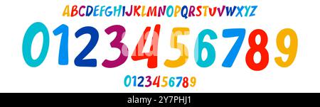 Verspielte bunte Karnevalsschrift, kräftige, abgerundete Zahlen und Buchstaben für lustige Designs für Kinder, Sport-Branding, Trikotnummern, fest-Team-Merchandise. Vektor Stock Vektor