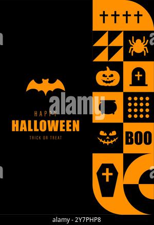 Happy Halloween Banner. Geometrisches Muster für Neugeborene. Moderner abstrakter Hintergrund mit orangefarbenen einfachen Formen, Kürbissen und Geistern. Vektorabbildung in Stock Vektor