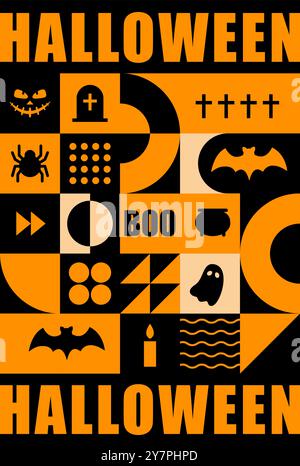 Neo geometrisches Halloween-Poster. Moderner abstrakter Hintergrund. Vertikaler Flyer, Grußkarte, Kopfzeile für Website. Muster mit orangefarbenen einfachen Symbolen Stock Vektor
