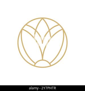 Einfache Lotosblume mit runder Linie. Emblem-Pflanze im kreisförmigen linearen Stil. Abstrakte Vektor-Abzeichen für Design von natürlichen Produkten, Blumengeschäft Stock Vektor