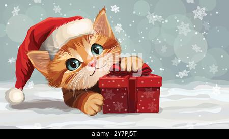 Süßes flauschiges Kätzchen in einem Weihnachtsmann-Hut mit Weihnachtsgeschenkbox Stock Vektor