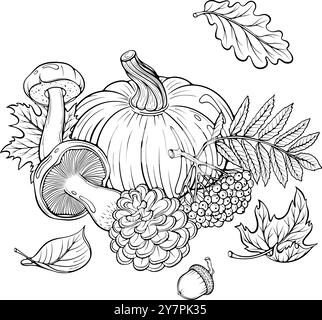 Stillleben im Herbst mit Kürbis, Pilzen, rowan-Strichkunst Stock Vektor