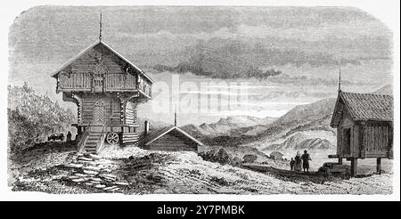 Eine Farm in Bamble, Norwegen. Zeichnung von Dieudonne Lancelot (1823 - 1895) Reise in die skandinavischen Staaten, Telemark County, 1858 von Paul Riant (1836-1888) Le Tour du Monde 1860 Stockfoto