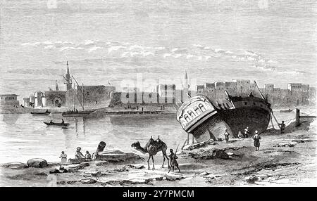 Der antike Hafen der ägyptischen Stadt Suez. Ägypten. Zeichnung von Karl Girardet (1813–1871) Reise nach Ostafrika, 1860 von Guillaume Lejean (1828–1871) Le Tour du Monde 1860 Stockfoto