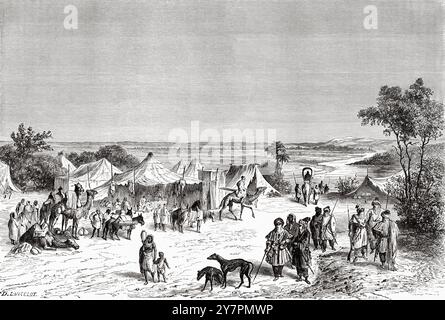 Tuareg Camp in der Wüste bei Timbuktu, Mali. Afrika. Zeichnung von Dieudonne Lancelot (1823–1895) Reisen und Entdeckungen in Nord- und Zentralafrika, 1849-1855 von Heinrich Barth (1821–1865) Le Tour du Monde 1860 Stockfoto