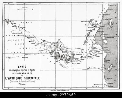 Antike Karte von Burton und Spekes Reise von Sansibar nach Kaseh. Tansania. Afrika. Reise zu den Großen Seen Ostafrikas, 1857-1859 vom britischen Entdecker Richard Francis Burton (1821-1890) Le Tour du Monde 1860 Stockfoto