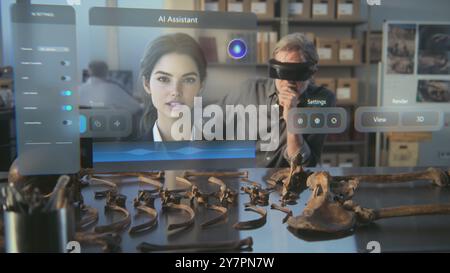 Fortgeschrittenes archäologisches Labor: Archäologe in VR-Headset führt Knochenuntersuchungen von antiken Skeletten mit Augmented Reality durch. 3D-Grafik der holografischen Anzeige mit generativem KI-Sprachassistenten. Stockfoto