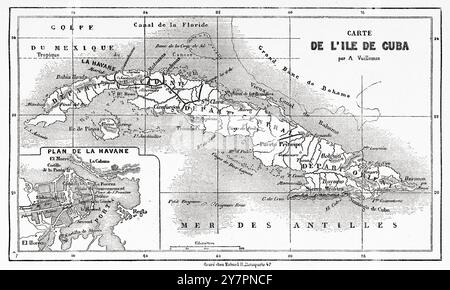 Alte Karte der Insel Kuba. Antillen des Karibischen Meeres. Reise zur Insel Kuba, 1859 von Richard Henry Dana (1815-1882) Le Tour du Monde 1860 Stockfoto