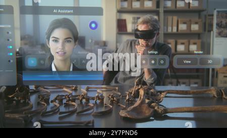 Fortgeschrittenes archäologisches Labor: Archäologe in VR-Headset führt Knochenuntersuchungen von antiken Skeletten mit Augmented Reality durch. 3D-Grafik der holografischen Anzeige mit generativem KI-Sprachassistenten. Stockfoto