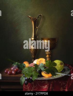 Stilleben mit Wein und Früchten im Renaissance-Stil Stockfoto