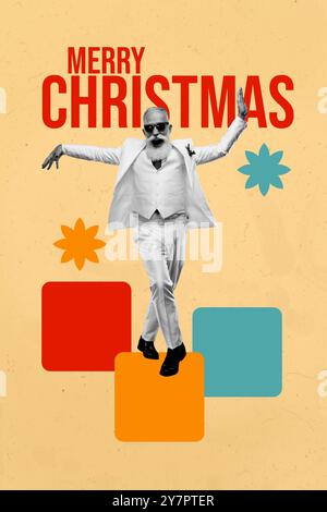 Composite Trend Artwork Skizze Bild Foto Collage von frohe weihnachten Grußkarte Alter Mann Stil Tanz Würfel Plattform feiern Stockfoto